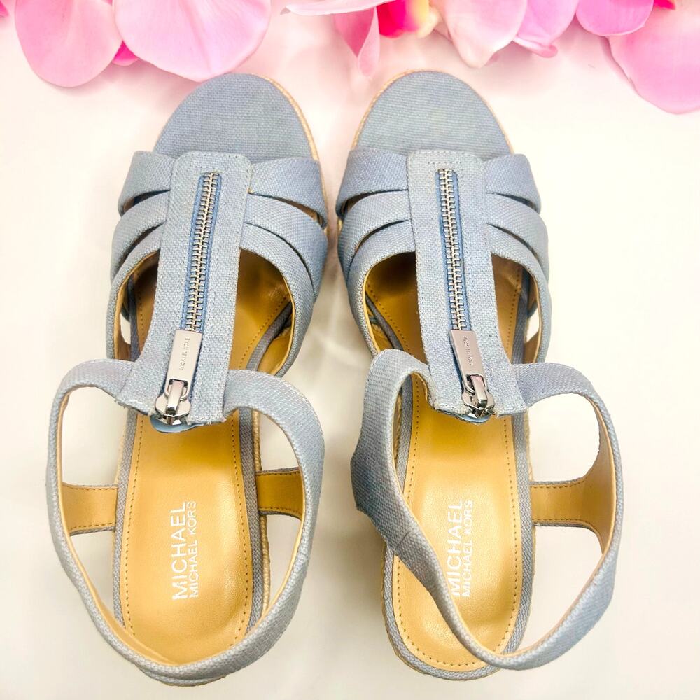 Michael Kors Berkley Espadrille Wedge Sandals 8.5M Blue Linen Zip Platform - Picture 6 of 17